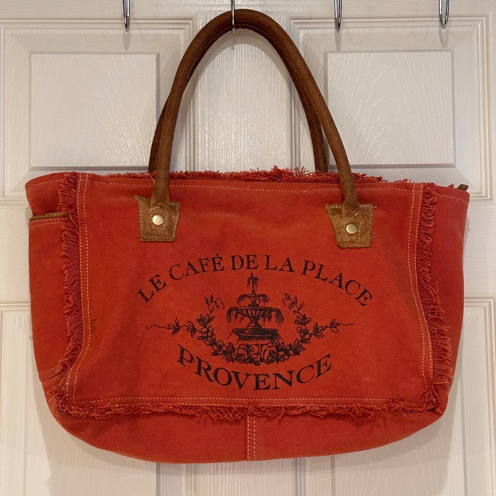 Myra Bag Le Cafe De La Place Provence Canvas Tote Orange Frayed Leather Trim